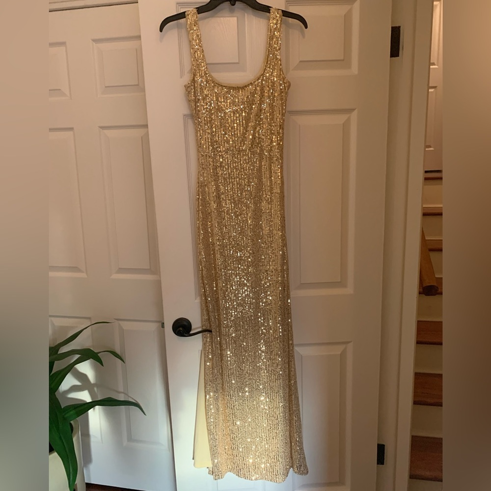 ASOS club London gold sequence floor length dress
